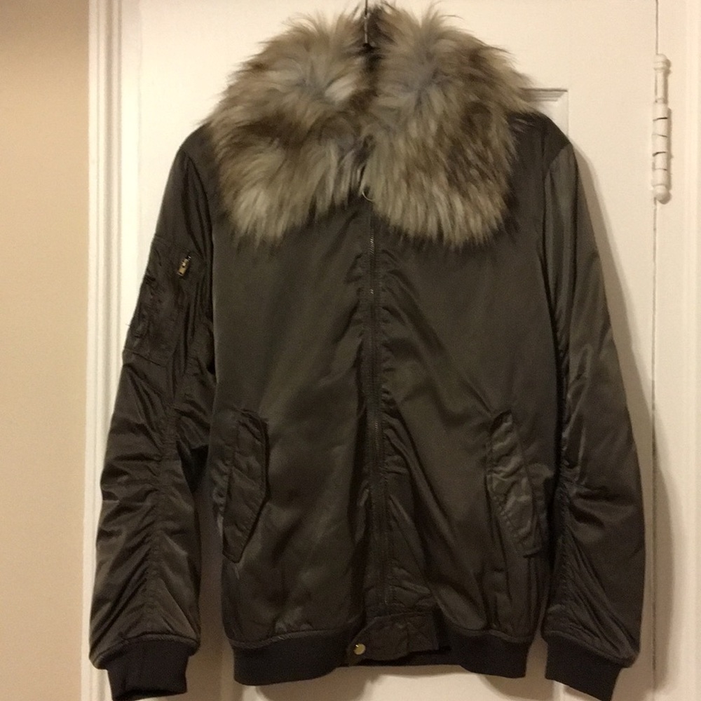 Zara Faux Fur Collar Utility Bomber Jacket